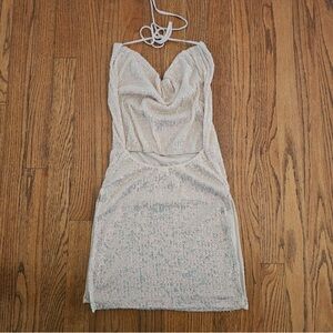 Fashion Nova Feeling Frisky Cream Gold Sequin Open Back Mini Dress S